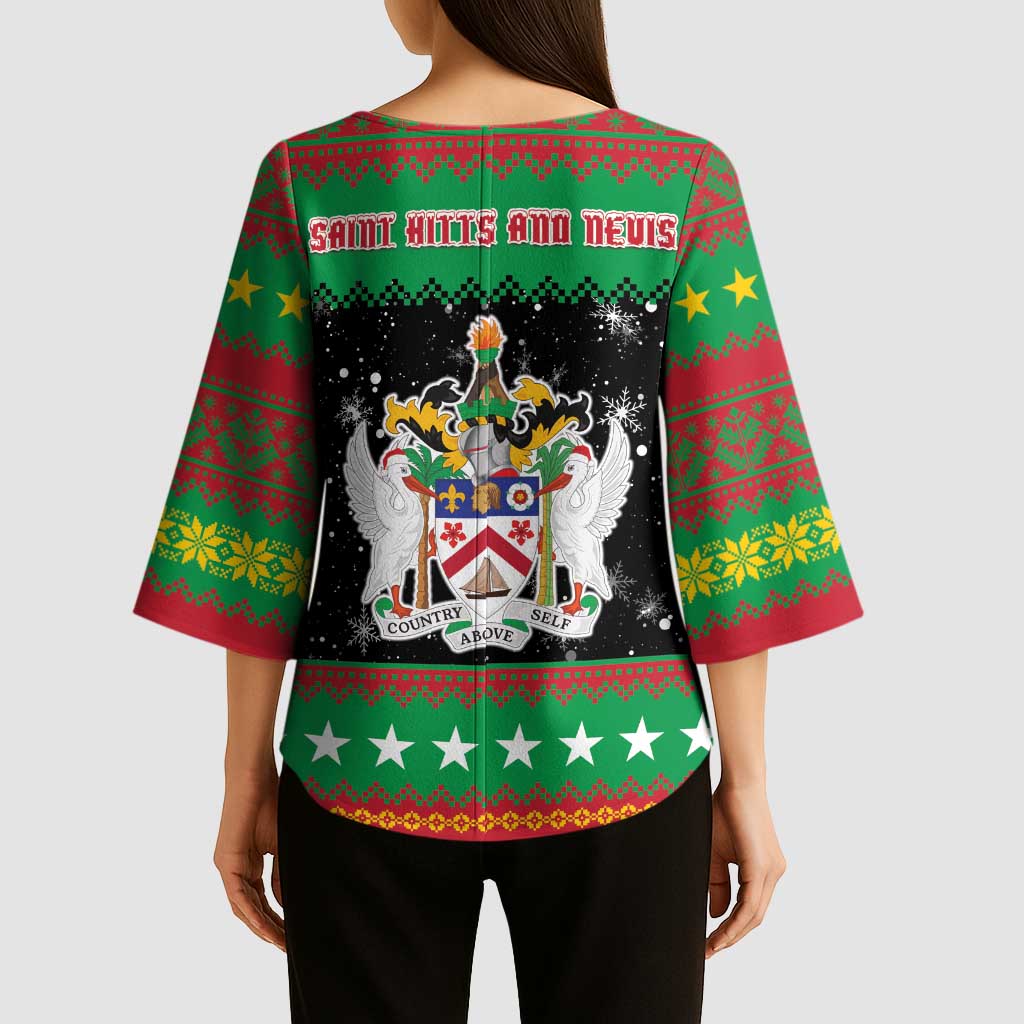 Saint Kitts And Nevis Christmas Kimono Sleeve Blouse Coat Of Arms Xmas Vibe - Wonder Print Shop