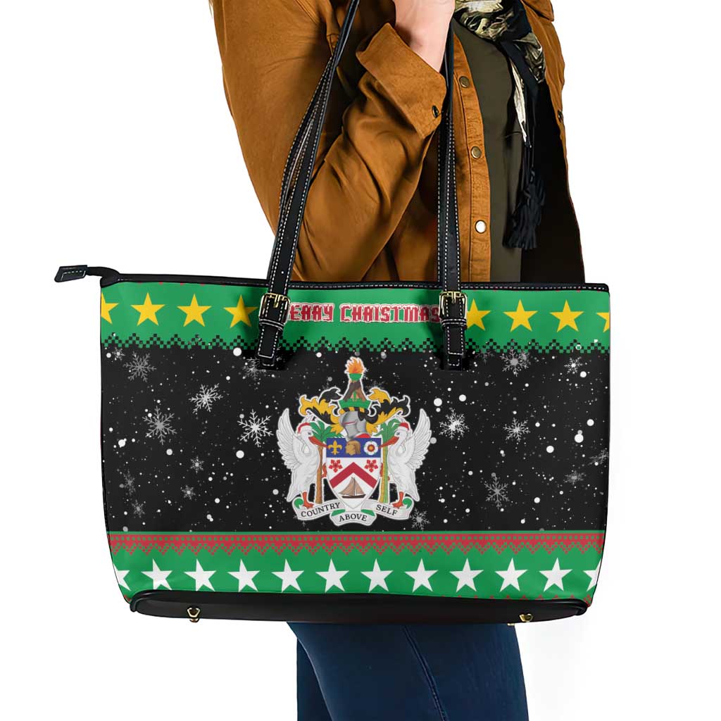 Saint Kitts And Nevis Christmas Leather Tote Bag Coat Of Arms Xmas Vibe - Wonder Print Shop