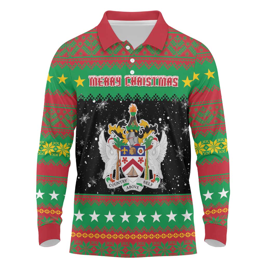 Saint Kitts And Nevis Christmas Long Sleeve Polo Shirt Coat Of Arms Xmas Vibe - Wonder Print Shop