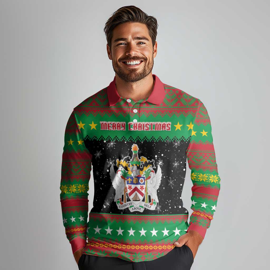 Saint Kitts And Nevis Christmas Long Sleeve Polo Shirt Coat Of Arms Xmas Vibe - Wonder Print Shop