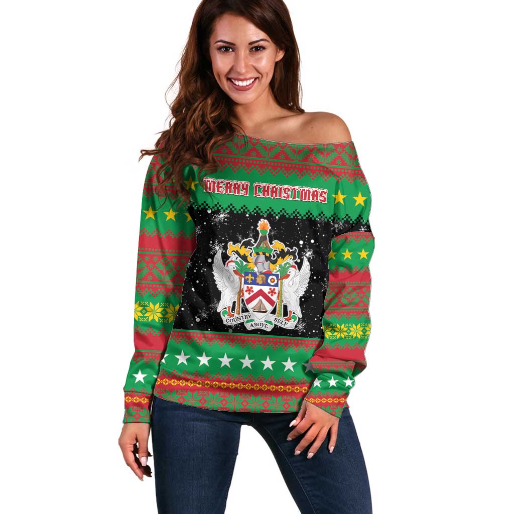 Saint Kitts And Nevis Christmas Off Shoulder Sweater Coat Of Arms Xmas Vibe - Wonder Print Shop