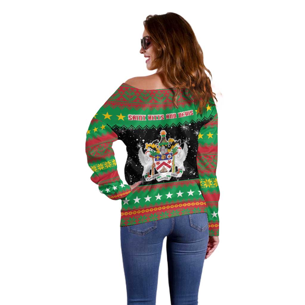 Saint Kitts And Nevis Christmas Off Shoulder Sweater Coat Of Arms Xmas Vibe - Wonder Print Shop