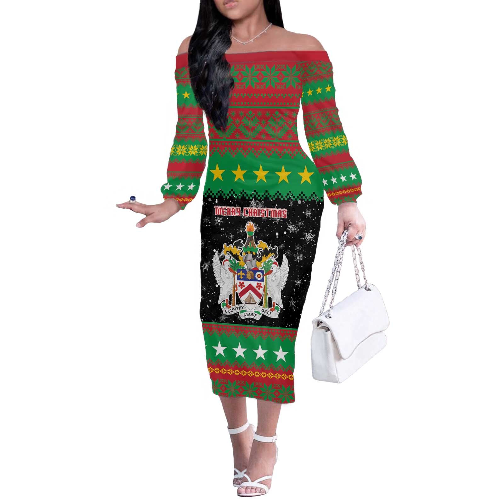 Saint Kitts And Nevis Christmas Off The Shoulder Long Sleeve Dress Coat Of Arms Xmas Vibe - Wonder Print Shop