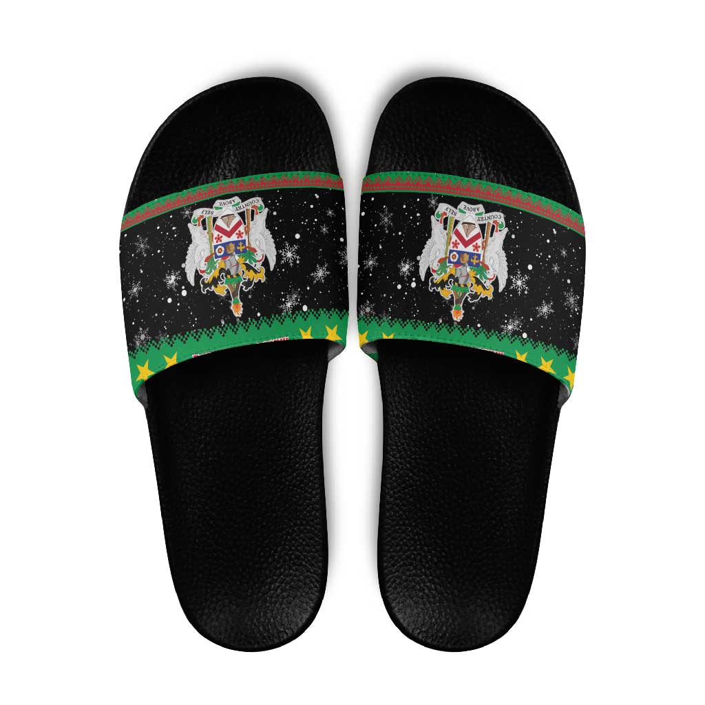 Saint Kitts And Nevis Christmas Slide Sandals Coat Of Arms Xmas Vibe - Wonder Print Shop