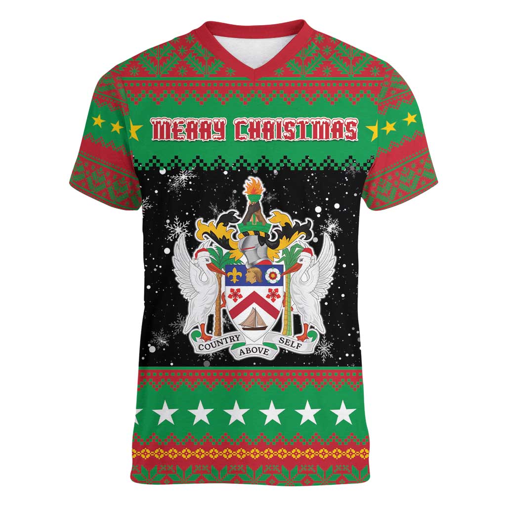 Saint Kitts And Nevis Christmas Women V-Neck T-Shirt Coat Of Arms Xmas Vibe - Wonder Print Shop