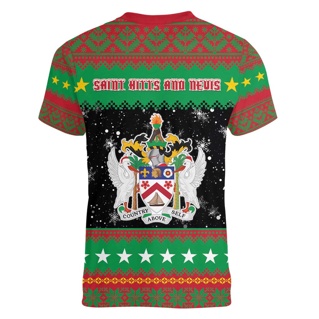 Saint Kitts And Nevis Christmas Women V-Neck T-Shirt Coat Of Arms Xmas Vibe - Wonder Print Shop