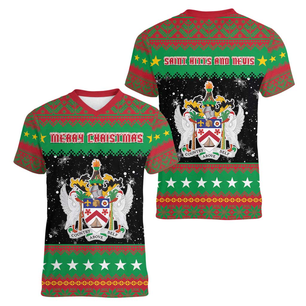 Saint Kitts And Nevis Christmas Women V-Neck T-Shirt Coat Of Arms Xmas Vibe - Wonder Print Shop