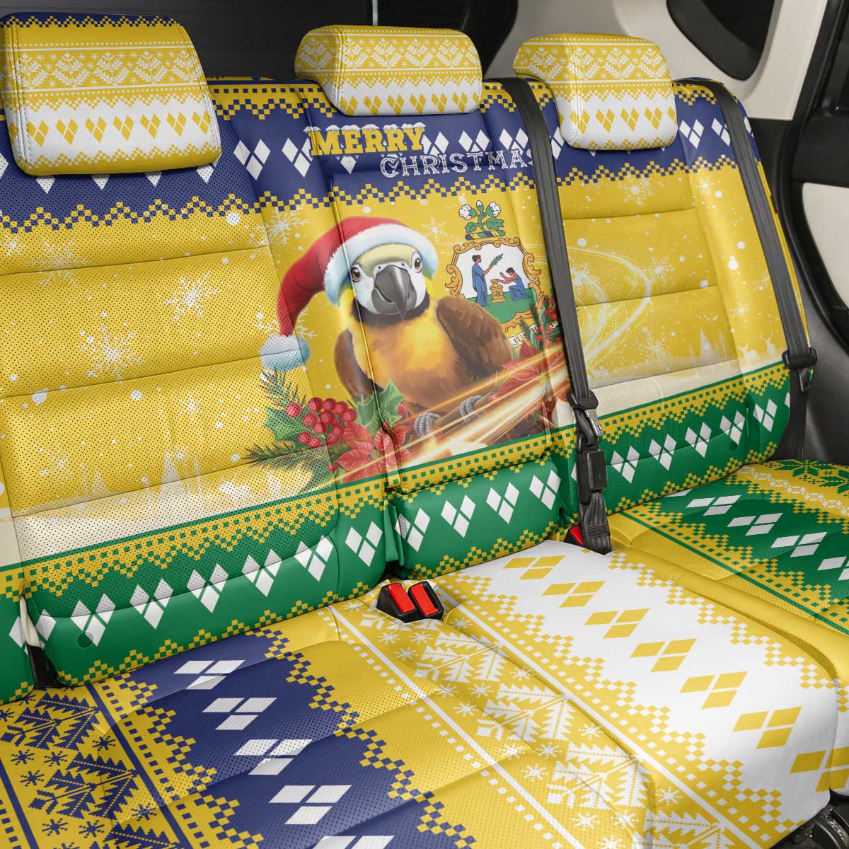 Saint Vincent And The Grenadines Christmas Back Car Seat Cover Santa Vincent Parrot With Coat Of Arms - Wonder Print Shop
