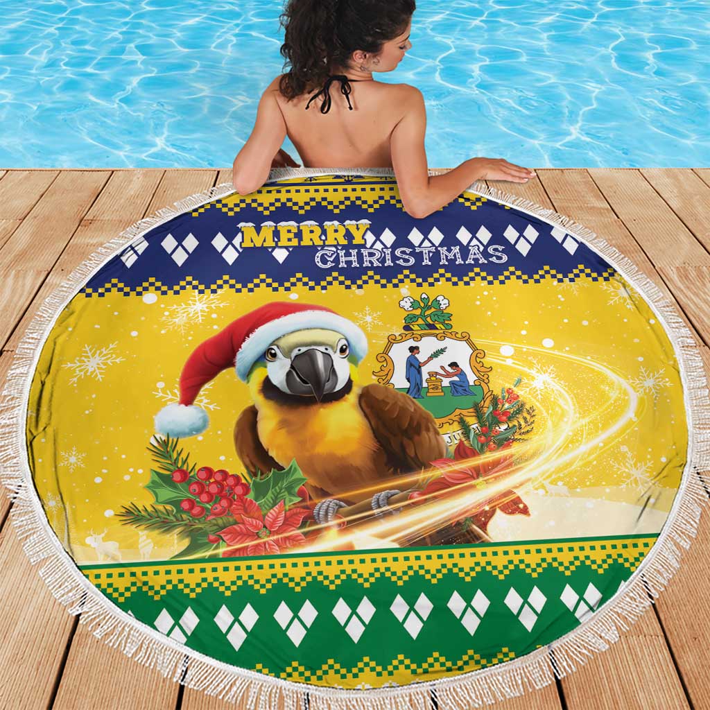 Saint Vincent And The Grenadines Christmas Beach Blanket Santa Vincent Parrot With Coat Of Arms - Wonder Print Shop