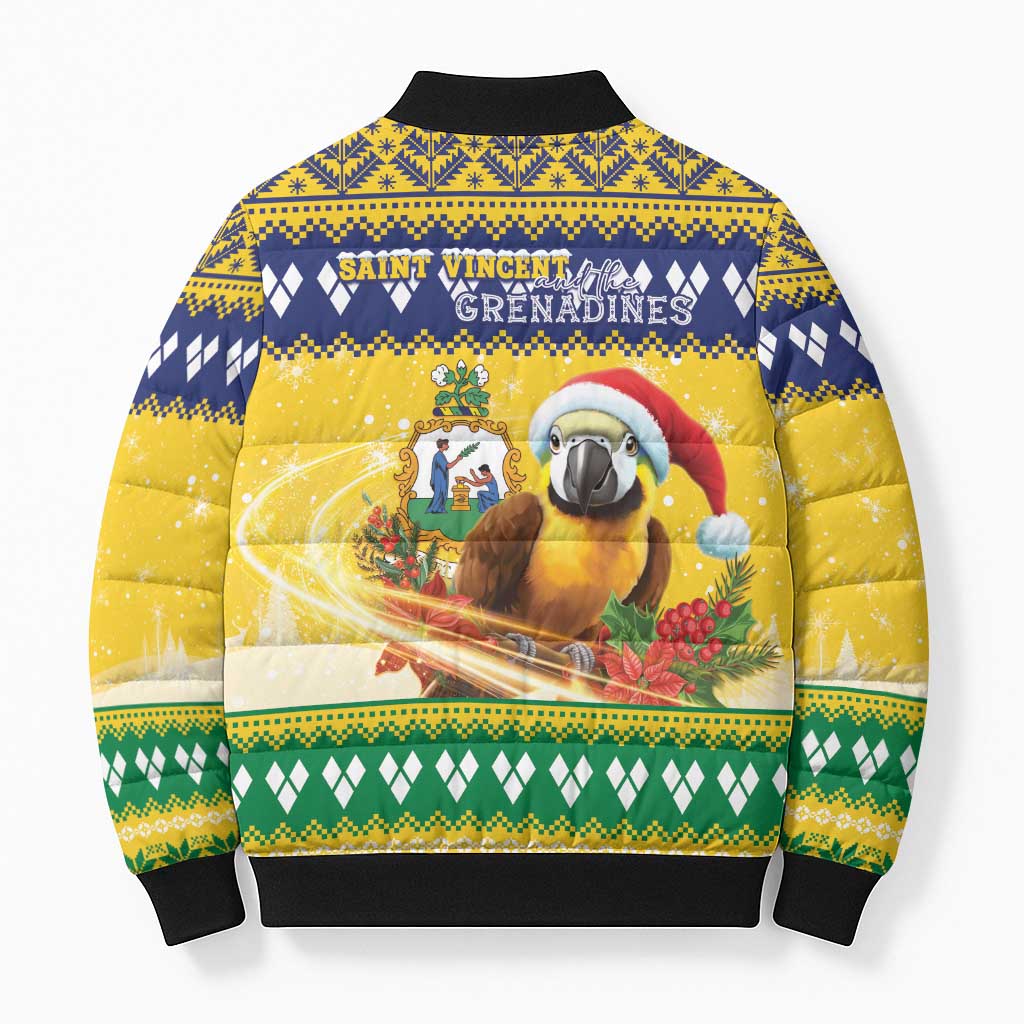 Saint Vincent And The Grenadines Christmas Bomber Puffer Jacket Santa Vincent Parrot With Coat Of Arms - Wonder Print Shop