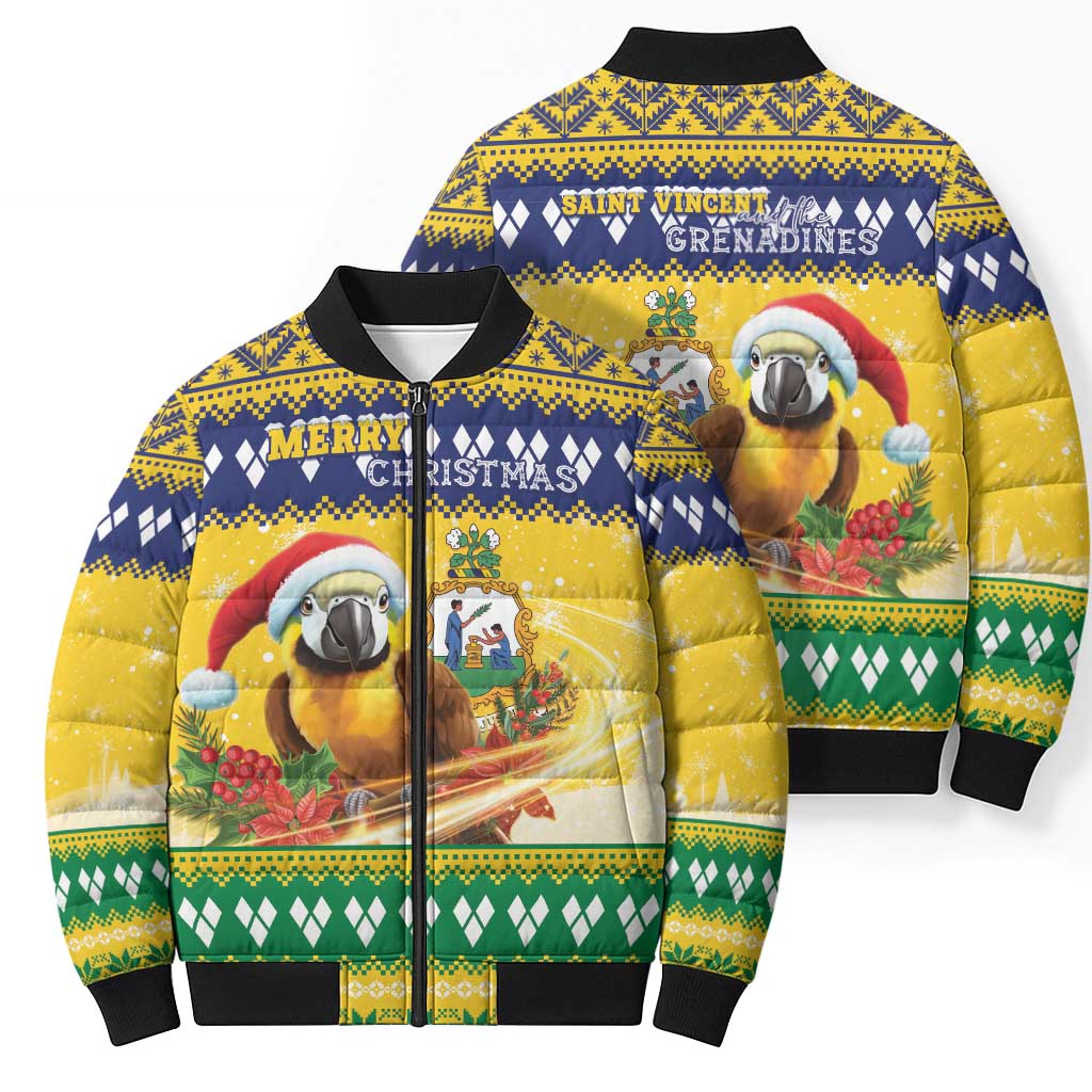 Saint Vincent And The Grenadines Christmas Bomber Puffer Jacket Santa Vincent Parrot With Coat Of Arms - Wonder Print Shop
