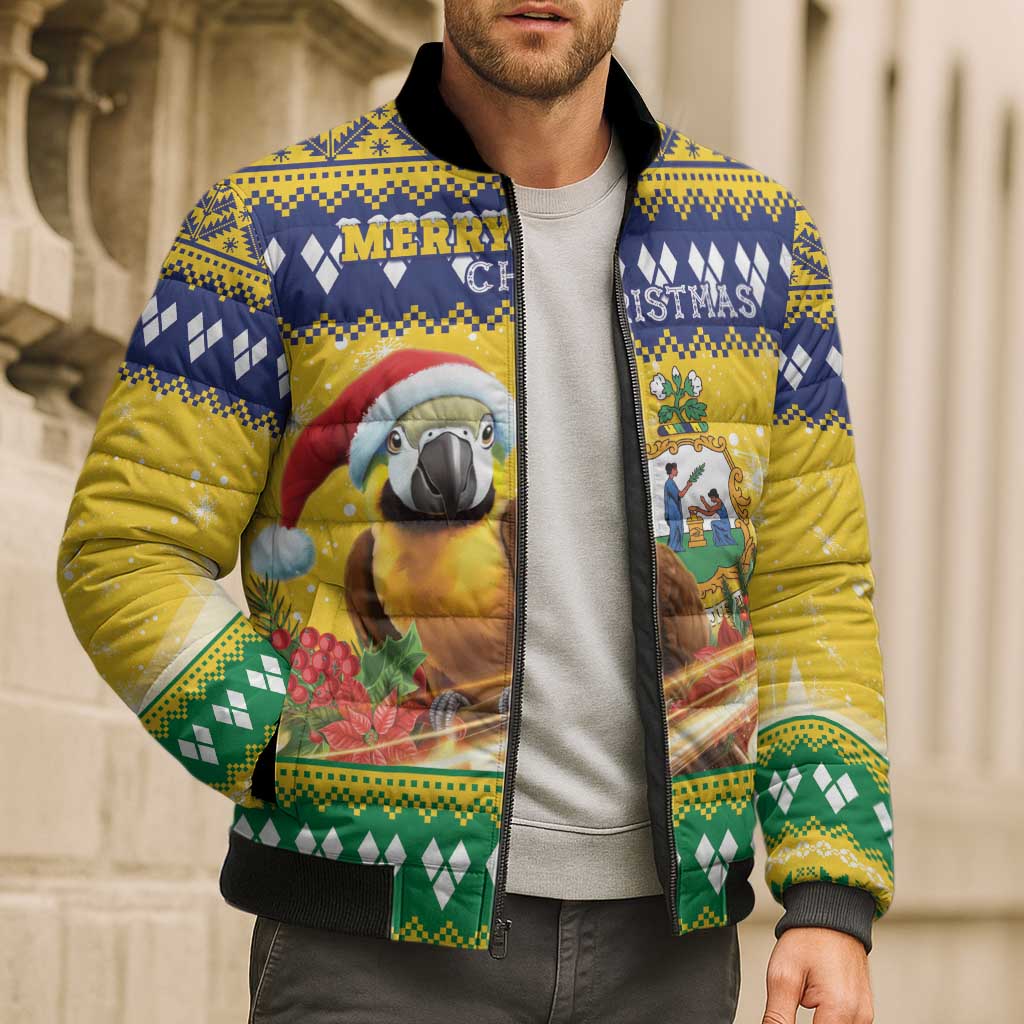 Saint Vincent And The Grenadines Christmas Bomber Puffer Jacket Santa Vincent Parrot With Coat Of Arms - Wonder Print Shop