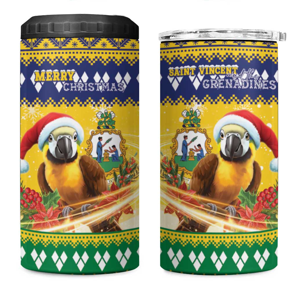 Saint Vincent And The Grenadines Christmas 4 in 1 Can Cooler Tumbler Santa Vincent Parrot With Coat Of Arms - Wonder Print Shop