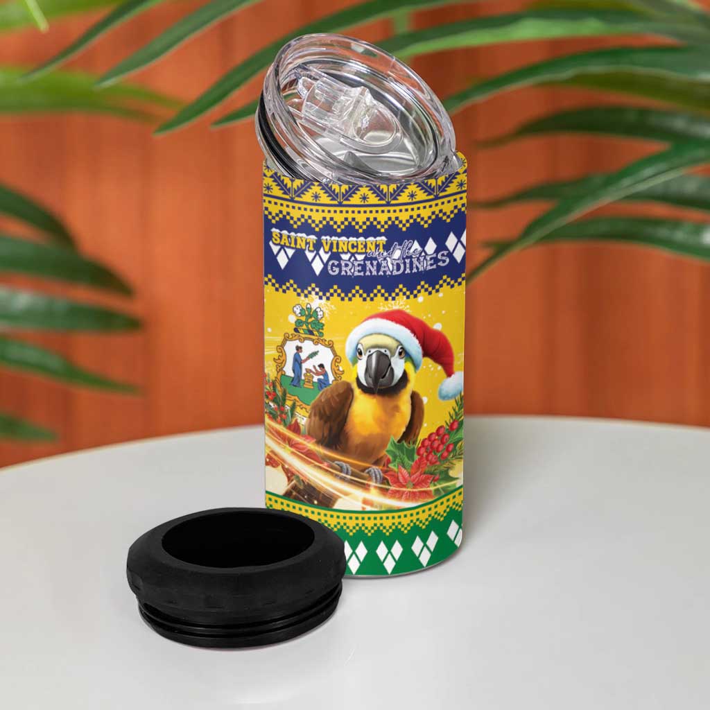 Saint Vincent And The Grenadines Christmas 4 in 1 Can Cooler Tumbler Santa Vincent Parrot With Coat Of Arms - Wonder Print Shop
