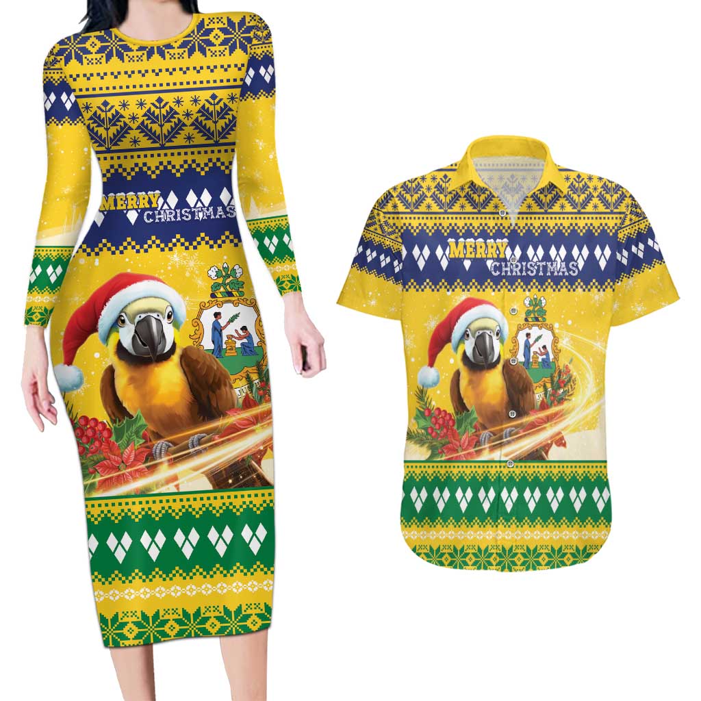 Saint Vincent And The Grenadines Christmas Couples Matching Long Sleeve Bodycon Dress and Hawaiian Shirt Santa Vincent Parrot With Coat Of Arms - Wonder Print Shop