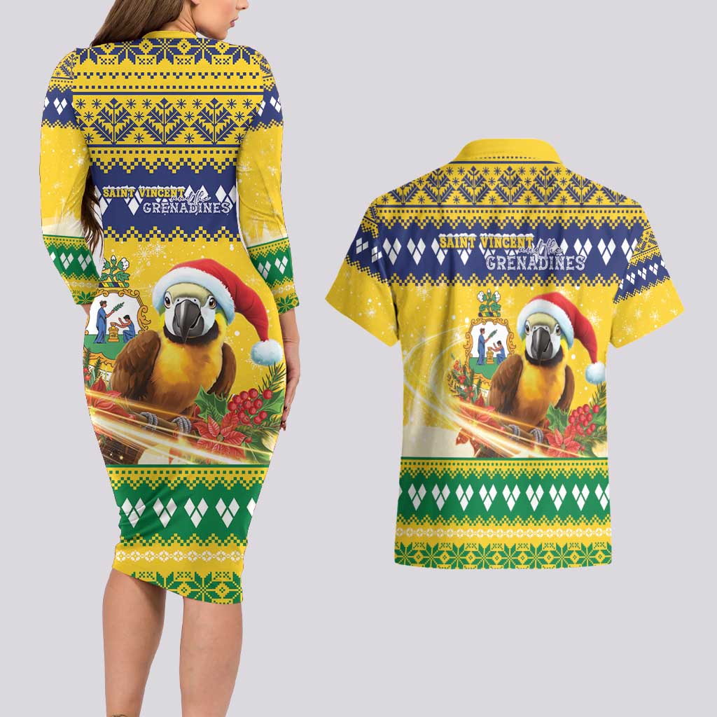 Saint Vincent And The Grenadines Christmas Couples Matching Long Sleeve Bodycon Dress and Hawaiian Shirt Santa Vincent Parrot With Coat Of Arms - Wonder Print Shop