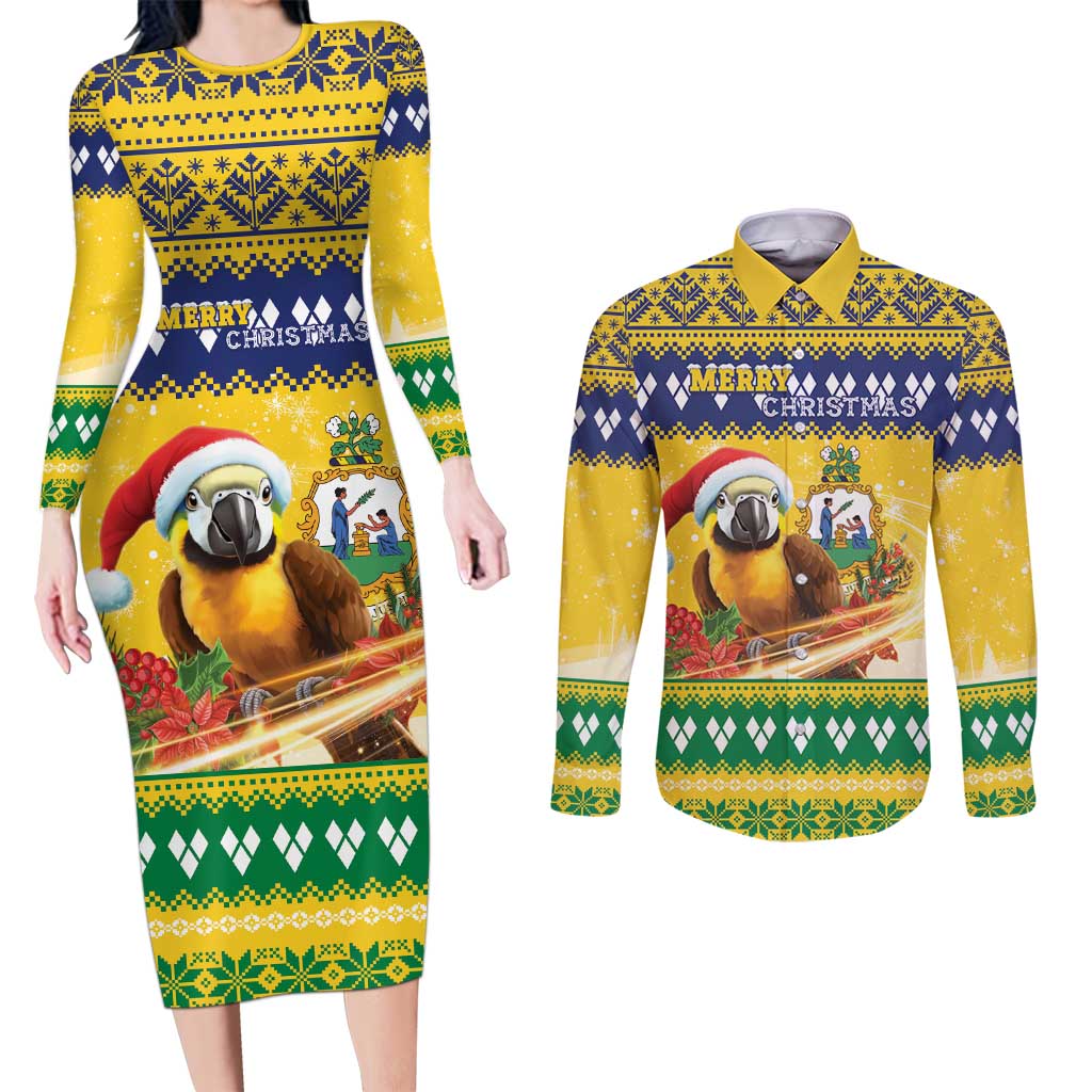 Saint Vincent And The Grenadines Christmas Couples Matching Long Sleeve Bodycon Dress and Long Sleeve Button Shirt Santa Vincent Parrot With Coat Of Arms - Wonder Print Shop