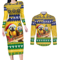 Saint Vincent And The Grenadines Christmas Couples Matching Long Sleeve Bodycon Dress and Long Sleeve Button Shirt Santa Vincent Parrot With Coat Of Arms - Wonder Print Shop