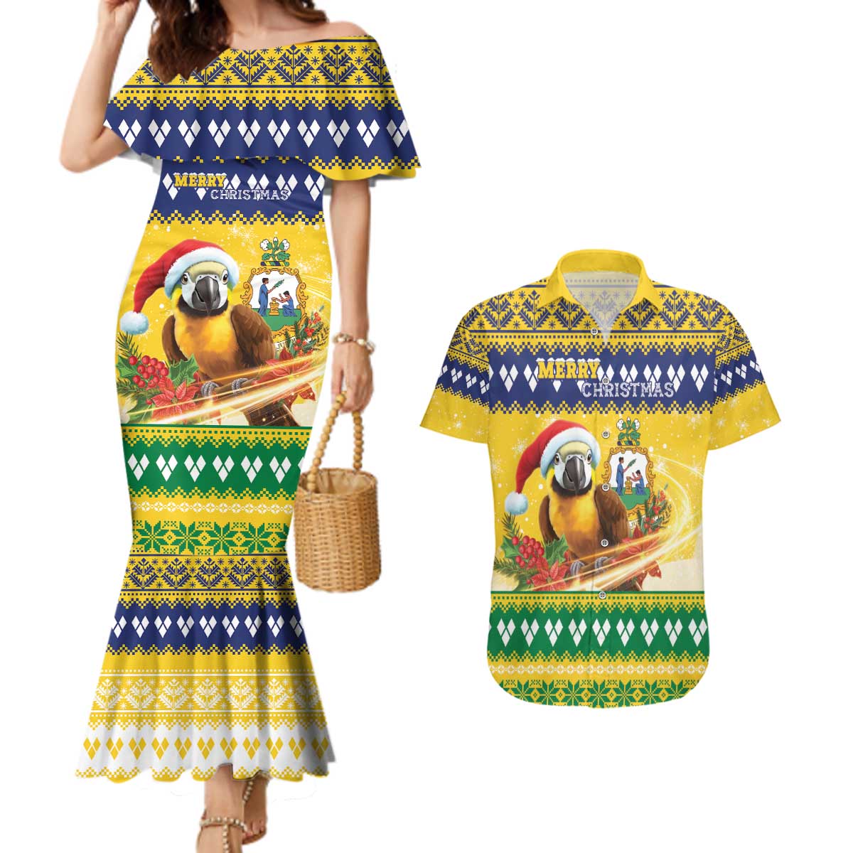 Saint Vincent And The Grenadines Christmas Couples Matching Mermaid Dress and Hawaiian Shirt Santa Vincent Parrot With Coat Of Arms - Wonder Print Shop