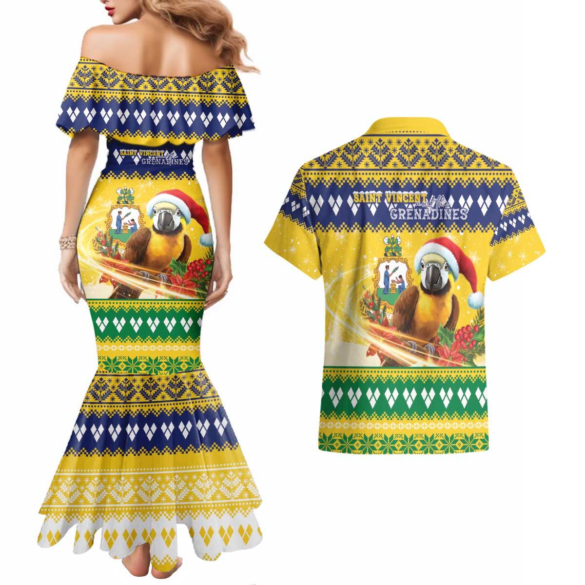 Saint Vincent And The Grenadines Christmas Couples Matching Mermaid Dress and Hawaiian Shirt Santa Vincent Parrot With Coat Of Arms - Wonder Print Shop