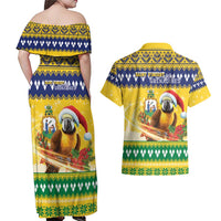 Saint Vincent And The Grenadines Christmas Couples Matching Off Shoulder Maxi Dress and Hawaiian Shirt Santa Vincent Parrot With Coat Of Arms - Wonder Print Shop