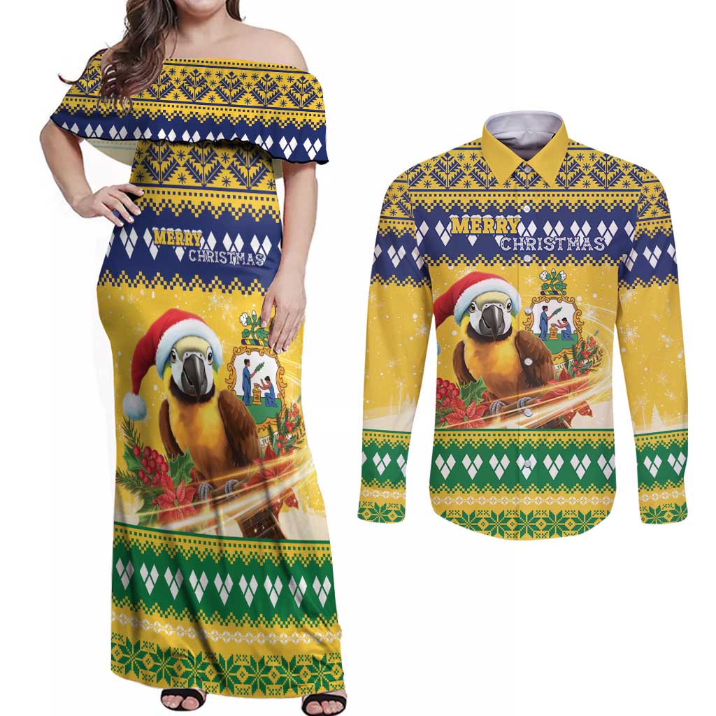 Saint Vincent And The Grenadines Christmas Couples Matching Off Shoulder Maxi Dress and Long Sleeve Button Shirt Santa Vincent Parrot With Coat Of Arms - Wonder Print Shop
