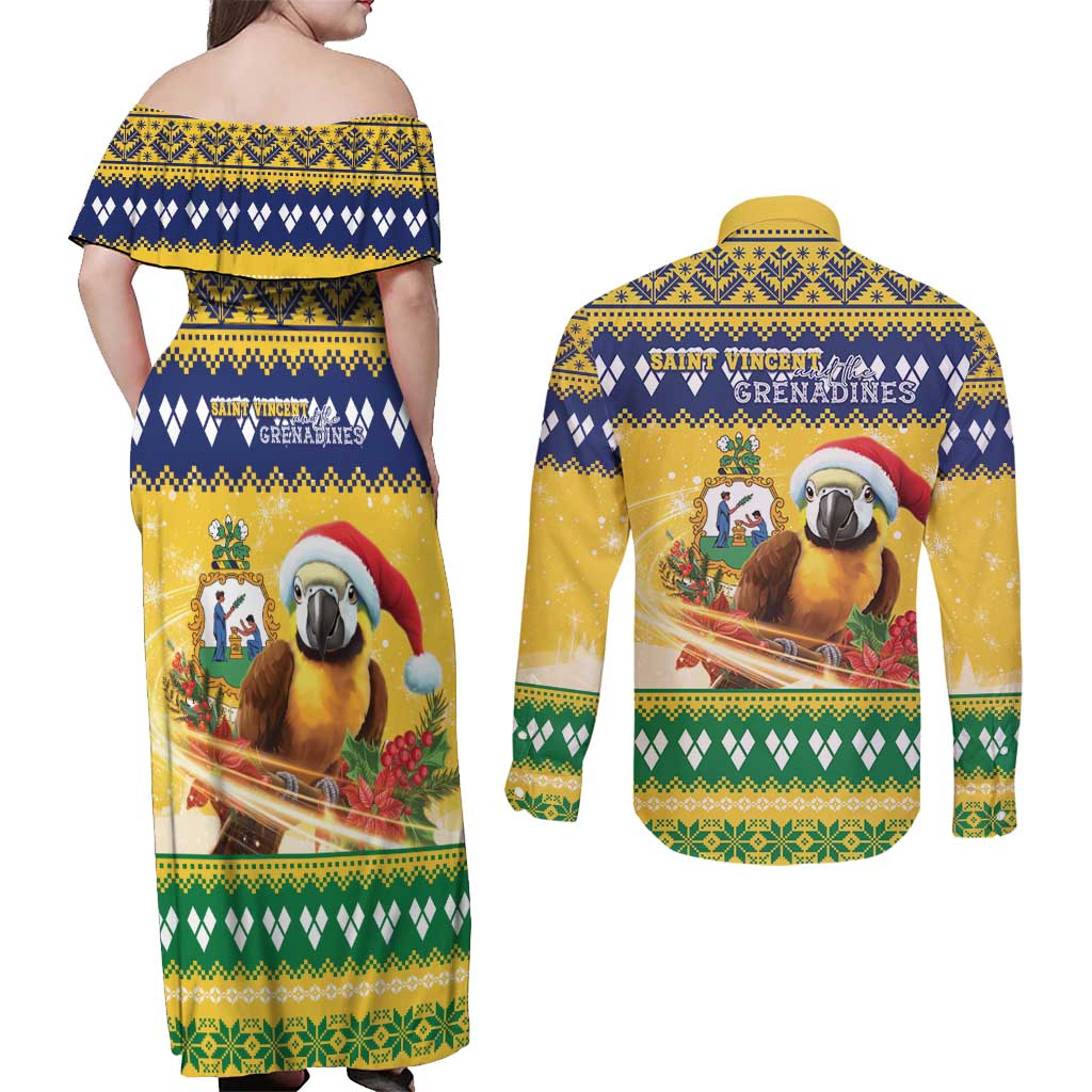 Saint Vincent And The Grenadines Christmas Couples Matching Off Shoulder Maxi Dress and Long Sleeve Button Shirt Santa Vincent Parrot With Coat Of Arms - Wonder Print Shop