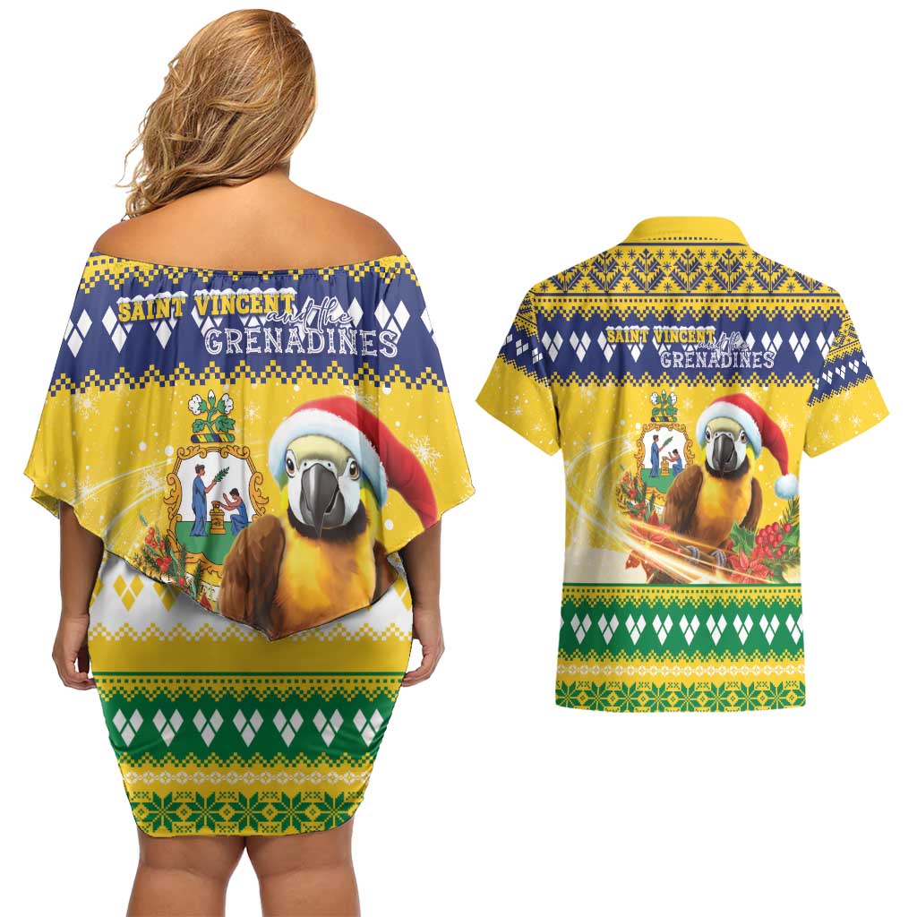 Saint Vincent And The Grenadines Christmas Couples Matching Off Shoulder Short Dress and Hawaiian Shirt Santa Vincent Parrot With Coat Of Arms - Wonder Print Shop