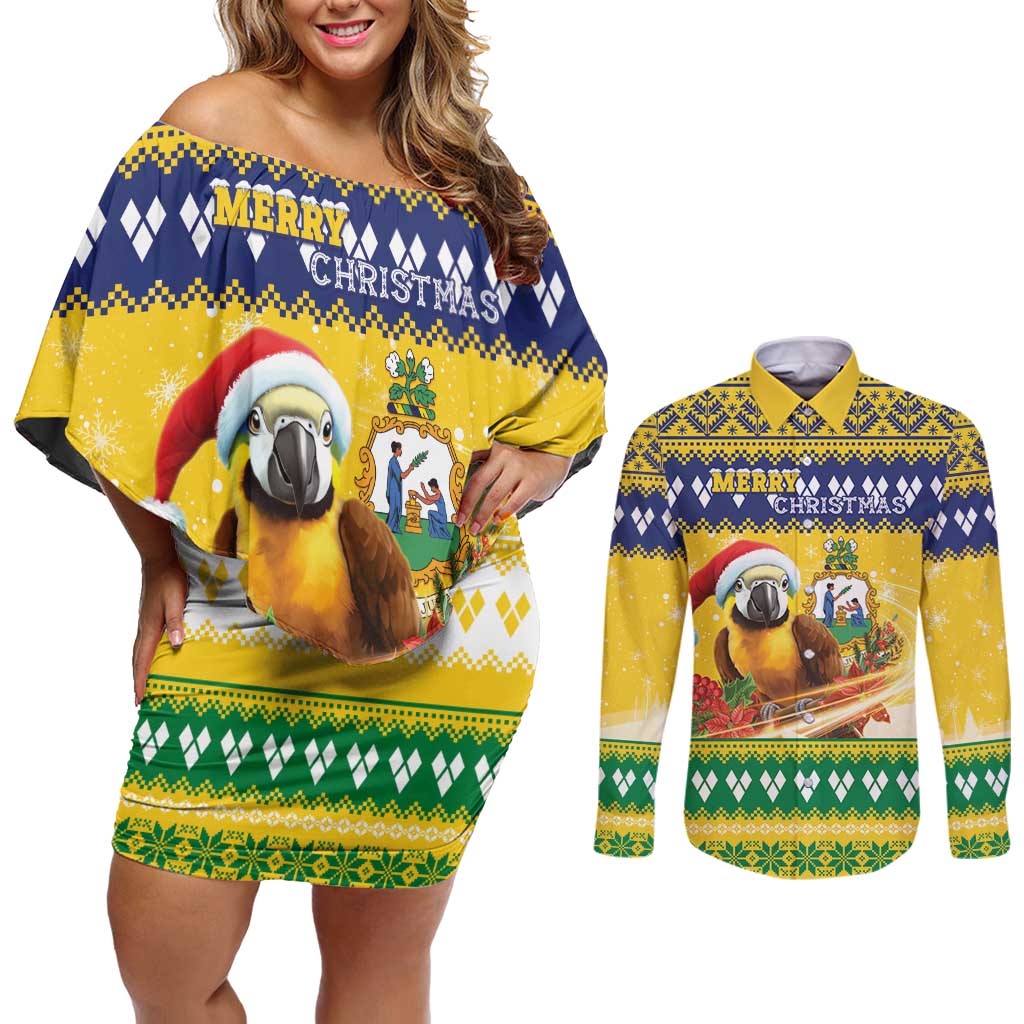 Saint Vincent And The Grenadines Christmas Couples Matching Off Shoulder Short Dress and Long Sleeve Button Shirt Santa Vincent Parrot With Coat Of Arms - Wonder Print Shop