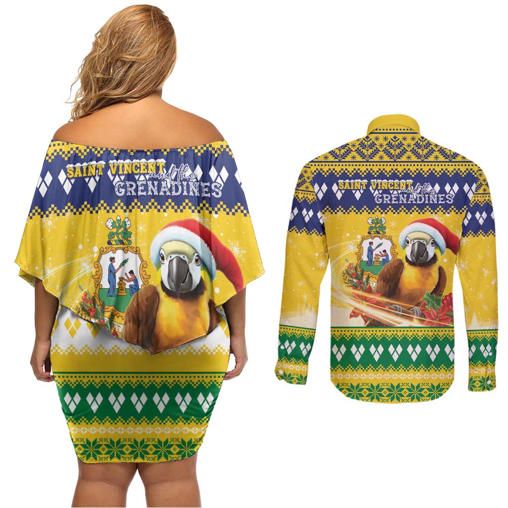Saint Vincent And The Grenadines Christmas Couples Matching Off Shoulder Short Dress and Long Sleeve Button Shirt Santa Vincent Parrot With Coat Of Arms - Wonder Print Shop