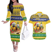 Saint Vincent And The Grenadines Christmas Couples Matching Off The Shoulder Long Sleeve Dress and Hawaiian Shirt Santa Vincent Parrot With Coat Of Arms - Wonder Print Shop
