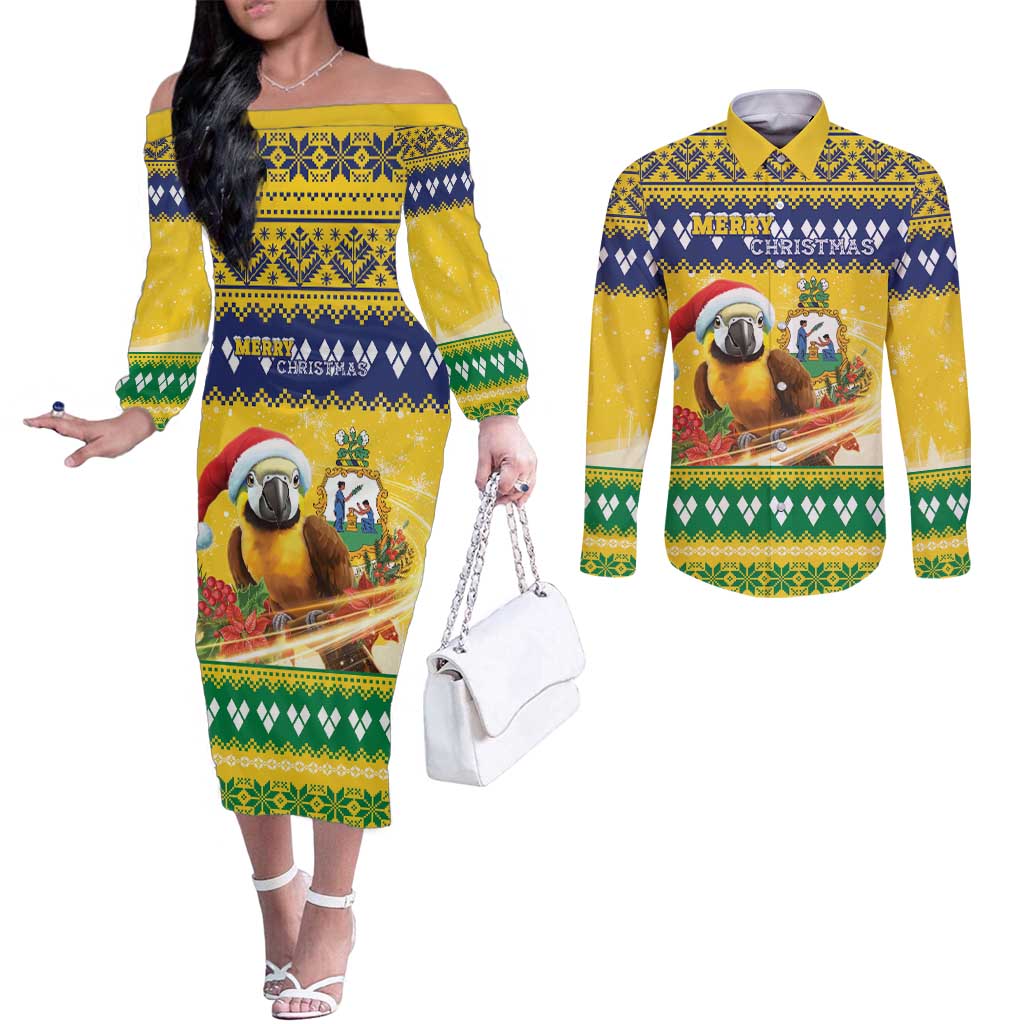 Saint Vincent And The Grenadines Christmas Couples Matching Off The Shoulder Long Sleeve Dress and Long Sleeve Button Shirt Santa Vincent Parrot With Coat Of Arms - Wonder Print Shop