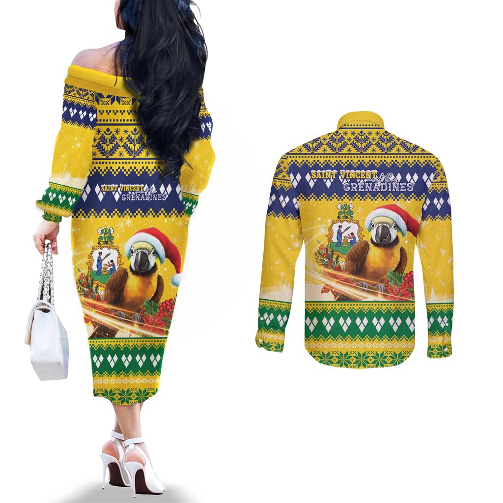 Saint Vincent And The Grenadines Christmas Couples Matching Off The Shoulder Long Sleeve Dress and Long Sleeve Button Shirt Santa Vincent Parrot With Coat Of Arms - Wonder Print Shop