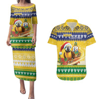 Saint Vincent And The Grenadines Christmas Couples Matching Puletasi and Hawaiian Shirt Santa Vincent Parrot With Coat Of Arms - Wonder Print Shop