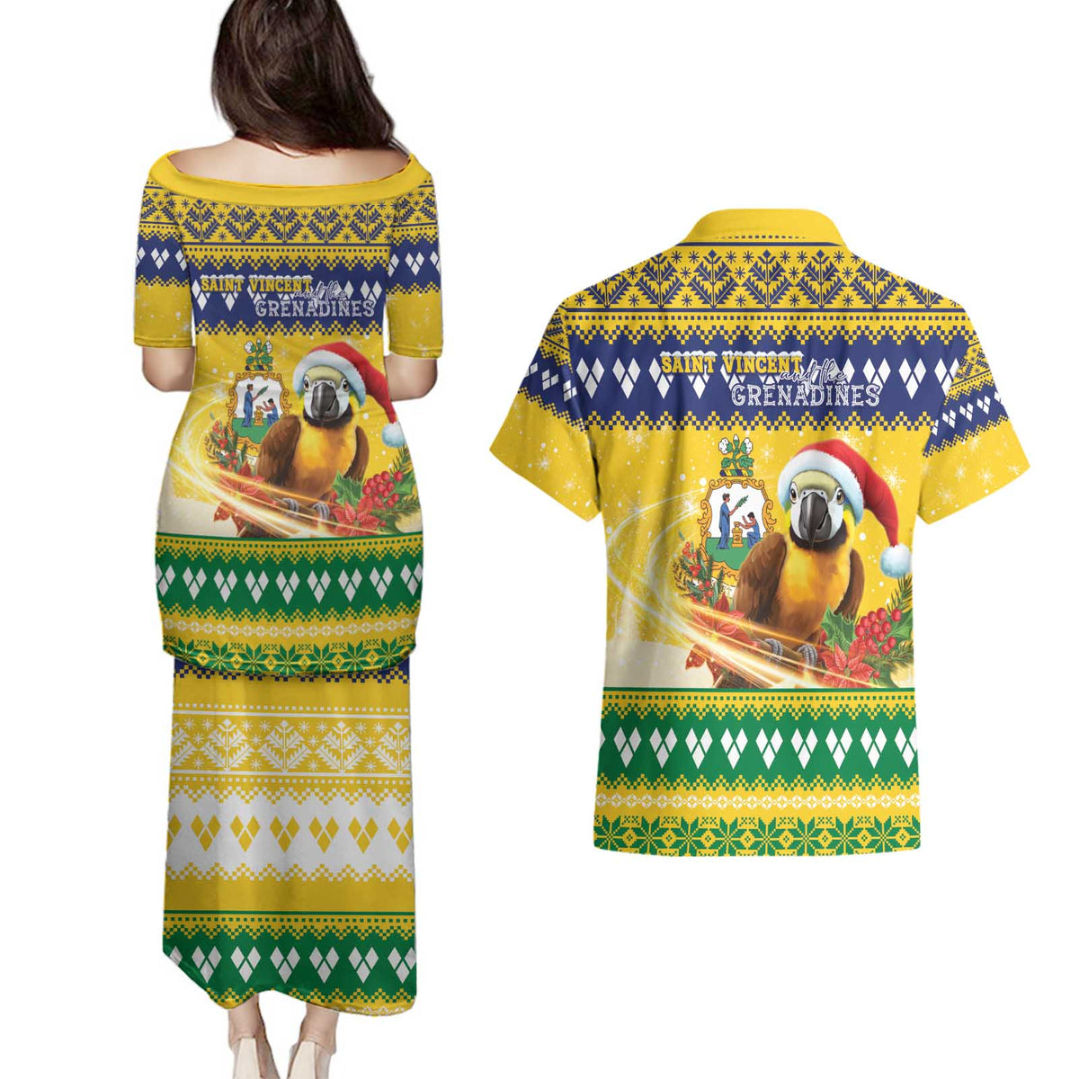 Saint Vincent And The Grenadines Christmas Couples Matching Puletasi and Hawaiian Shirt Santa Vincent Parrot With Coat Of Arms - Wonder Print Shop