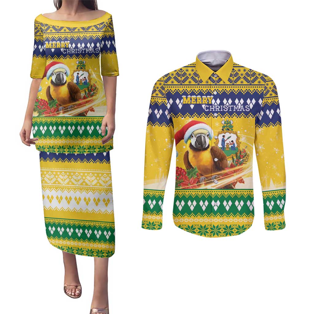 Saint Vincent And The Grenadines Christmas Couples Matching Puletasi and Long Sleeve Button Shirt Santa Vincent Parrot With Coat Of Arms - Wonder Print Shop