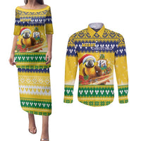 Saint Vincent And The Grenadines Christmas Couples Matching Puletasi and Long Sleeve Button Shirt Santa Vincent Parrot With Coat Of Arms - Wonder Print Shop