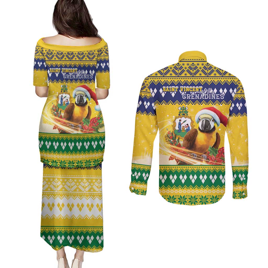 Saint Vincent And The Grenadines Christmas Couples Matching Puletasi and Long Sleeve Button Shirt Santa Vincent Parrot With Coat Of Arms - Wonder Print Shop