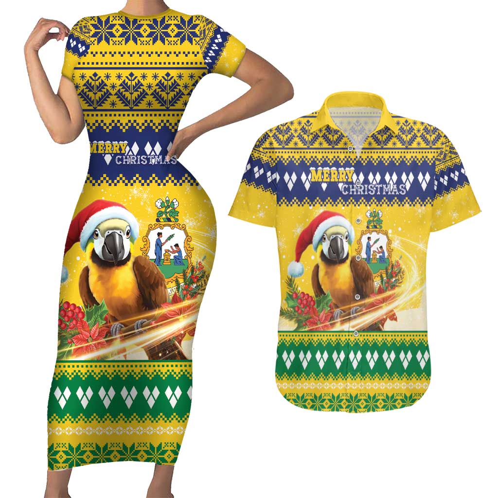 Saint Vincent And The Grenadines Christmas Couples Matching Short Sleeve Bodycon Dress and Hawaiian Shirt Santa Vincent Parrot With Coat Of Arms - Wonder Print Shop