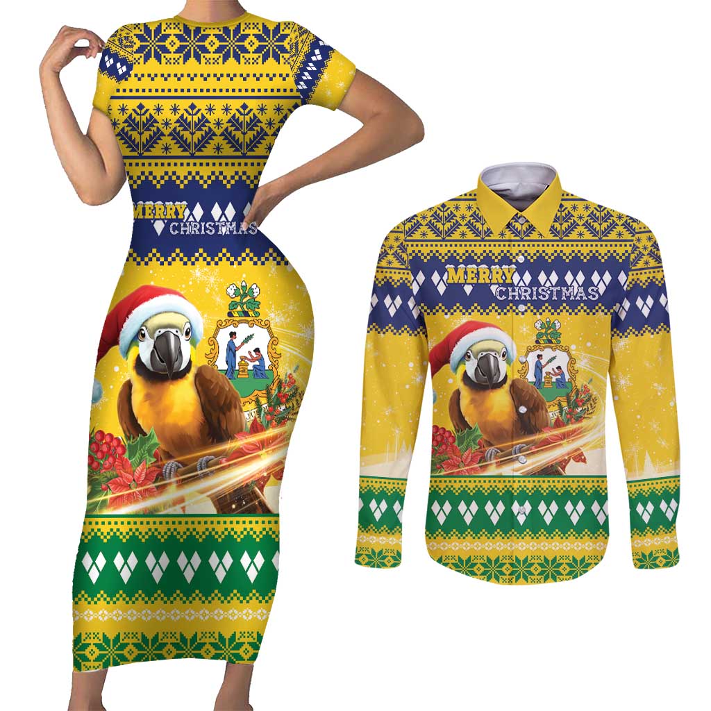Saint Vincent And The Grenadines Christmas Couples Matching Short Sleeve Bodycon Dress and Long Sleeve Button Shirt Santa Vincent Parrot With Coat Of Arms - Wonder Print Shop