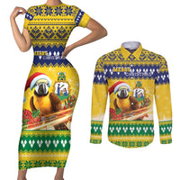 Saint Vincent And The Grenadines Christmas Couples Matching Short Sleeve Bodycon Dress and Long Sleeve Button Shirt Santa Vincent Parrot With Coat Of Arms - Wonder Print Shop