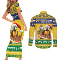 Saint Vincent And The Grenadines Christmas Couples Matching Short Sleeve Bodycon Dress and Long Sleeve Button Shirt Santa Vincent Parrot With Coat Of Arms - Wonder Print Shop