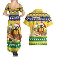 Saint Vincent And The Grenadines Christmas Couples Matching Summer Maxi Dress and Hawaiian Shirt Santa Vincent Parrot With Coat Of Arms - Wonder Print Shop