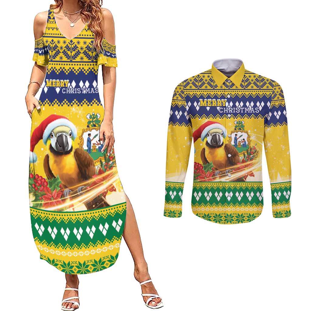 Saint Vincent And The Grenadines Christmas Couples Matching Summer Maxi Dress and Long Sleeve Button Shirt Santa Vincent Parrot With Coat Of Arms - Wonder Print Shop