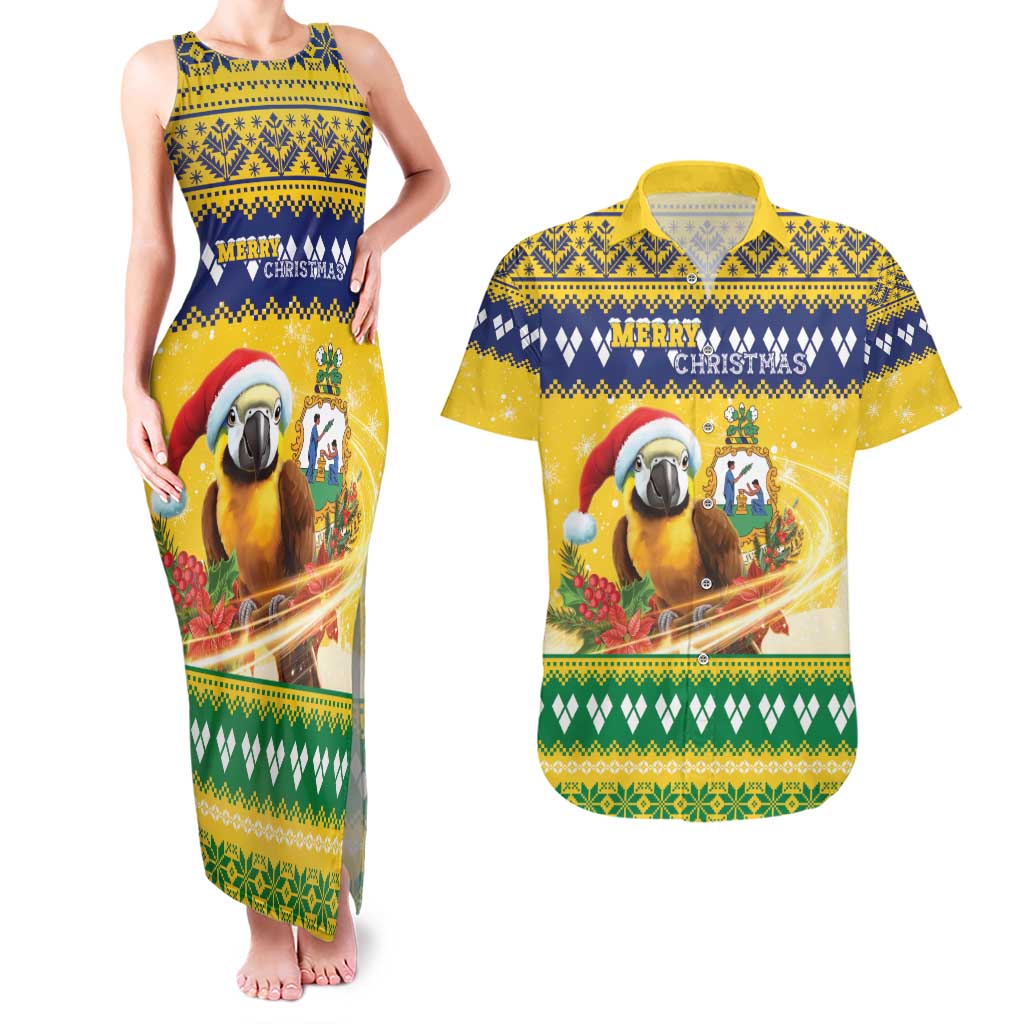 Saint Vincent And The Grenadines Christmas Couples Matching Tank Maxi Dress and Hawaiian Shirt Santa Vincent Parrot With Coat Of Arms - Wonder Print Shop