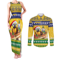 Saint Vincent And The Grenadines Christmas Couples Matching Tank Maxi Dress and Long Sleeve Button Shirt Santa Vincent Parrot With Coat Of Arms - Wonder Print Shop