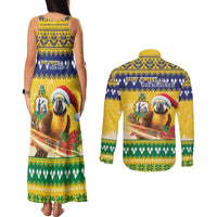 Saint Vincent And The Grenadines Christmas Couples Matching Tank Maxi Dress and Long Sleeve Button Shirt Santa Vincent Parrot With Coat Of Arms - Wonder Print Shop