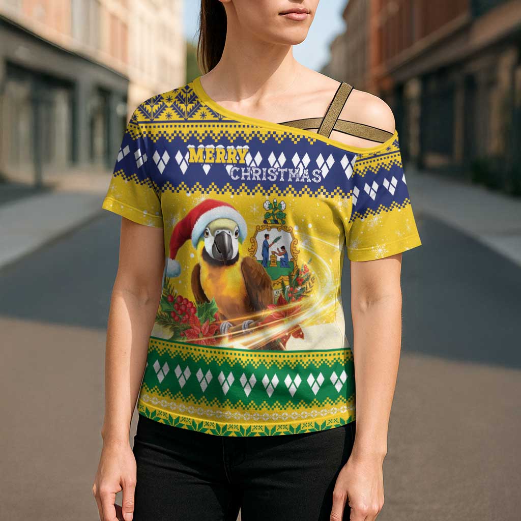 Saint Vincent And The Grenadines Christmas Cross Shoulder Shirt Santa Vincent Parrot With Coat Of Arms - Wonder Print Shop