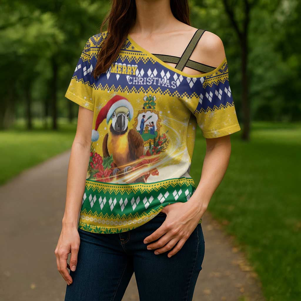 Saint Vincent And The Grenadines Christmas Cross Shoulder Shirt Santa Vincent Parrot With Coat Of Arms - Wonder Print Shop