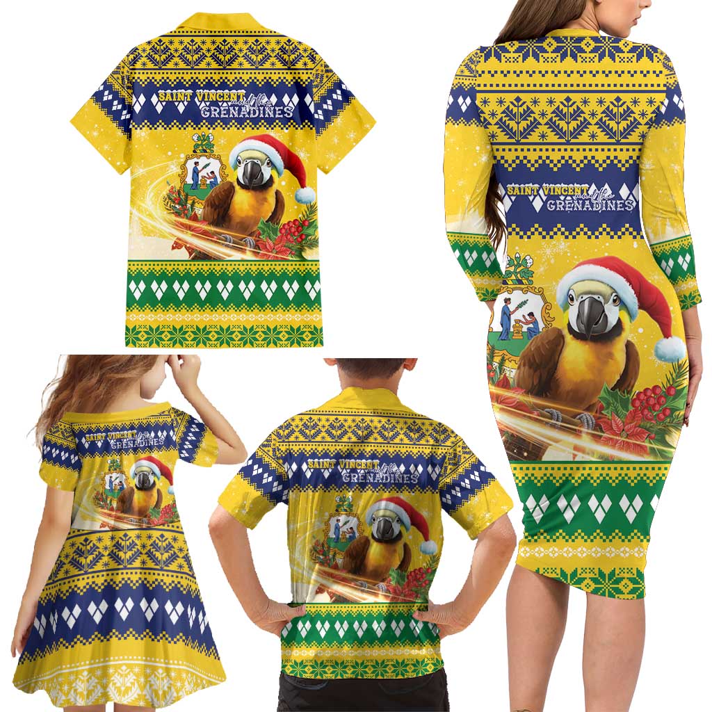 Saint Vincent And The Grenadines Christmas Family Matching Long Sleeve Bodycon Dress and Hawaiian Shirt Santa Vincent Parrot With Coat Of Arms - Wonder Print Shop